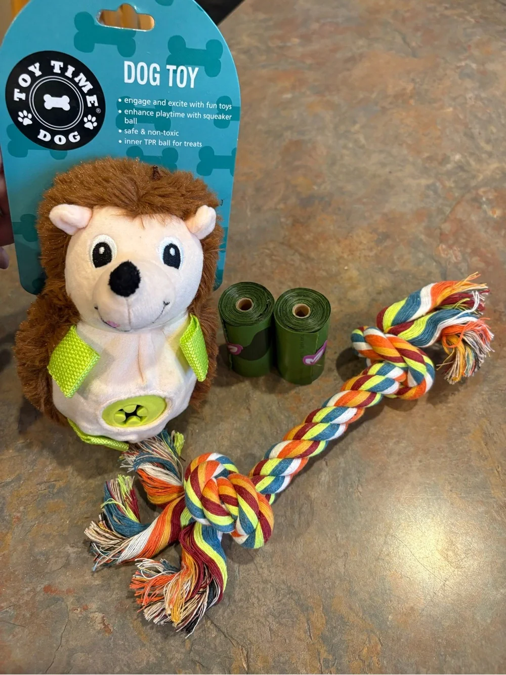 ALL NEW Toy Time Plush Hedgehog Dog Toy, Multicolor Rope and Waste Bag Rolls